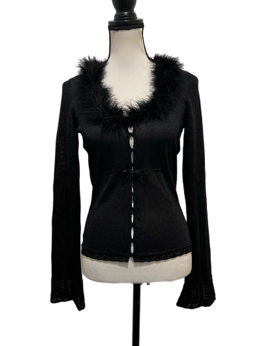 Vintage Betsey Johnson New York Black Sparkly Feather Trim Knit Cardigan